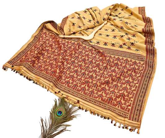Vintage Yellow Pure Silk Saree Handwoven Asam Sari with Floral Design Antique Indian Wedding Saree 6yd Fabric Fringes
