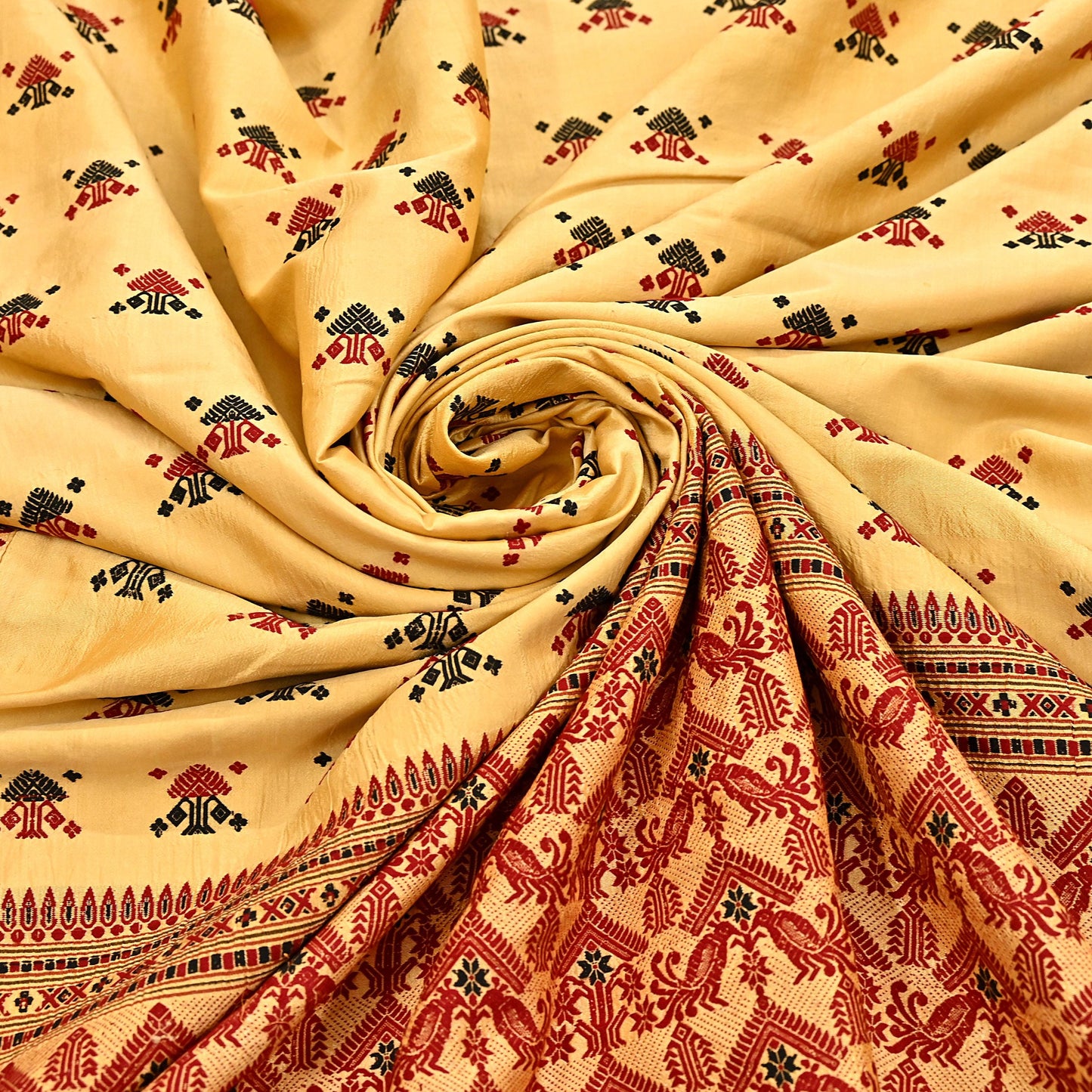 Vintage Yellow Pure Silk Saree Handwoven Asam Sari with Floral Design Antique Indian Wedding Saree 6yd Fabric Fringes
