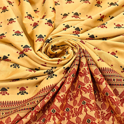 Vintage Yellow Pure Silk Saree Handwoven Asam Sari with Floral Design Antique Indian Wedding Saree 6yd Fabric Fringes