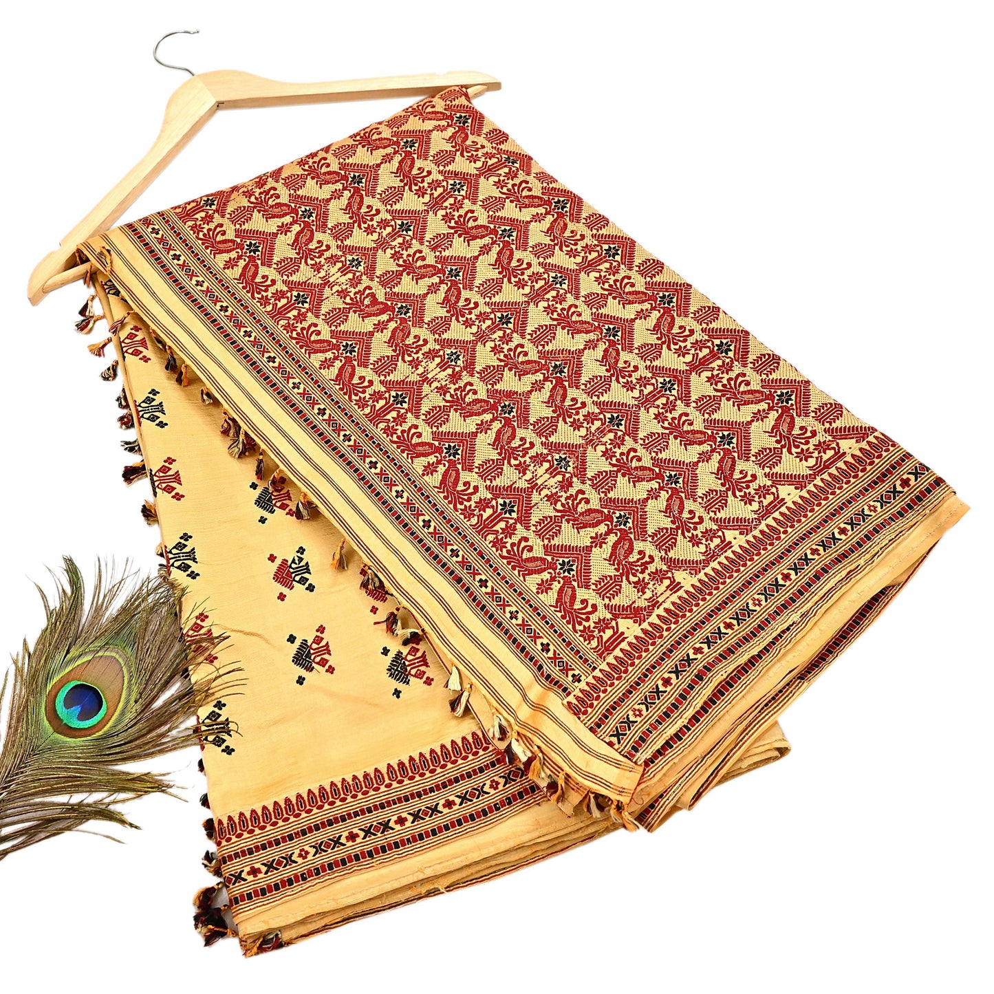 Vintage Yellow Pure Silk Saree Handwoven Asam Sari with Floral Design Antique Indian Wedding Saree 6yd Fabric Fringes