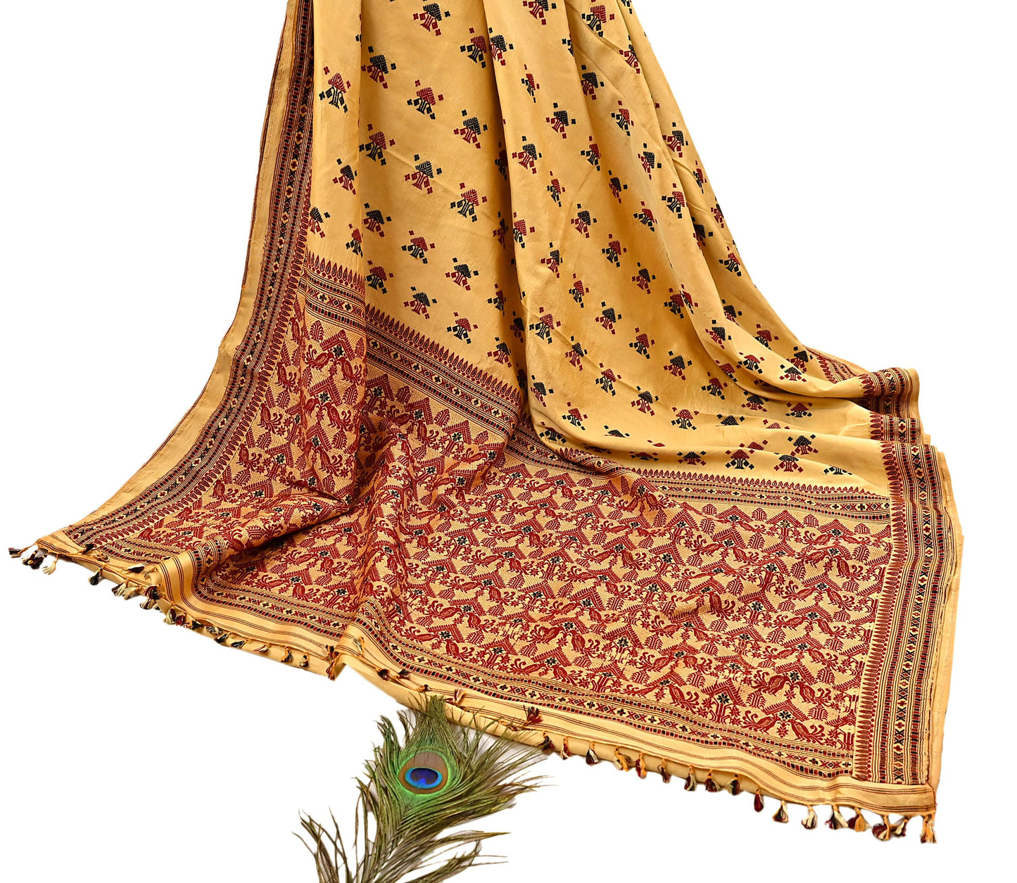Vintage Yellow Pure Silk Saree Handwoven Asam Sari with Floral Design Antique Indian Wedding Saree 6yd Fabric Fringes