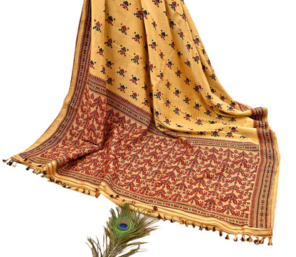 Vintage Yellow Pure Silk Saree Handwoven Asam Sari with Floral Design Antique Indian Wedding Saree 6yd Fabric Fringes