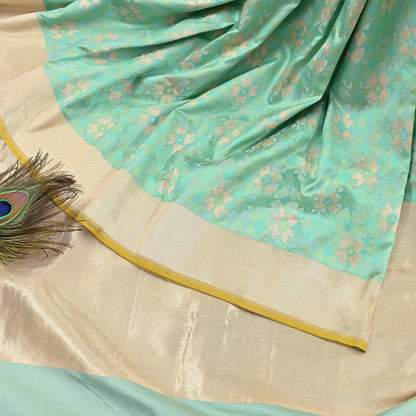 Indian Vintage Heavy Golden & Green Saree 100% Pure Silk Hand Woven Kanjeevaram Sari 5yd Ethnic Zari Premium Wedding Saree Fringes