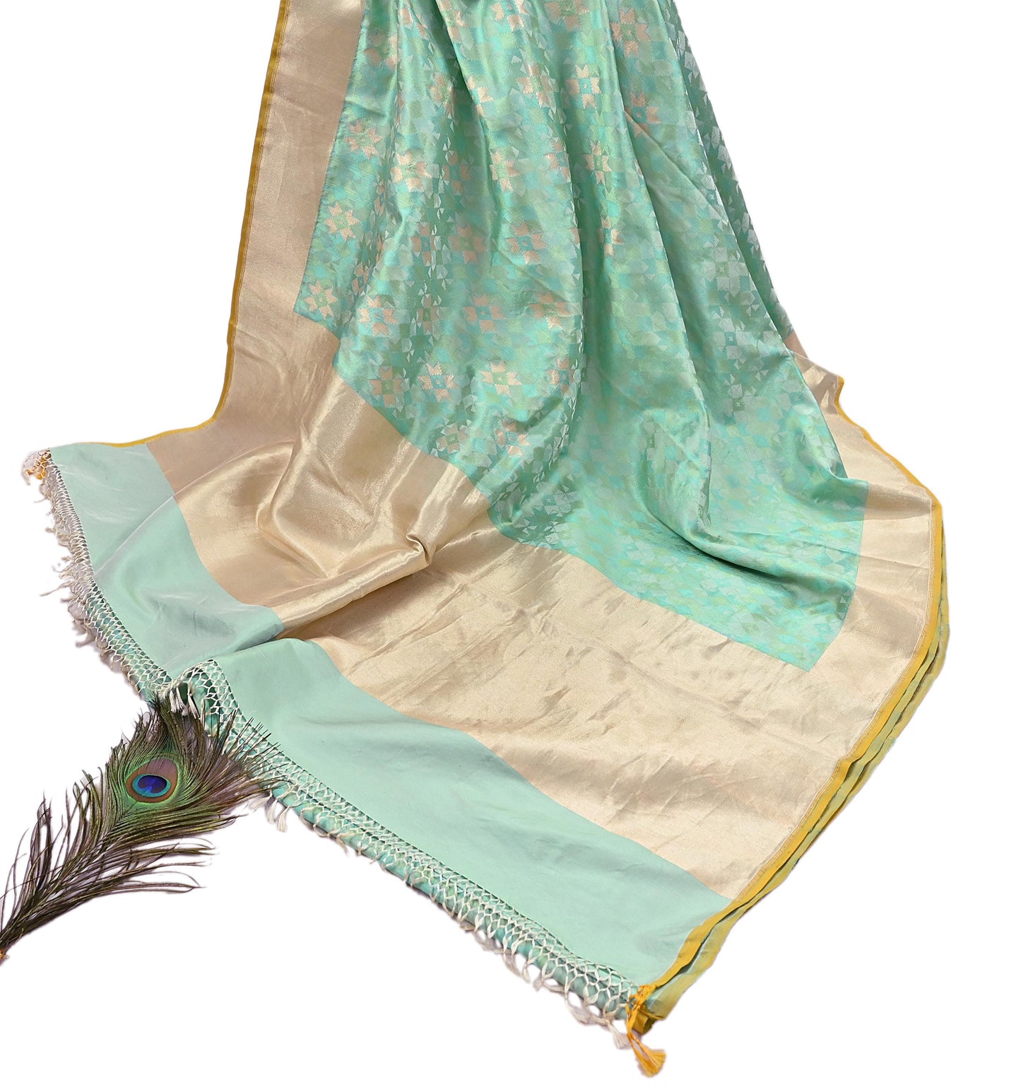 Indian Vintage Heavy Golden & Green Saree 100% Pure Silk Hand Woven Kanjeevaram Sari 5yd Ethnic Zari Premium Wedding Saree Fringes