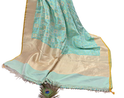 Indian Vintage Heavy Golden & Green Saree 100% Pure Silk Hand Woven Kanjeevaram Sari 5yd Ethnic Zari Premium Wedding Saree Fringes