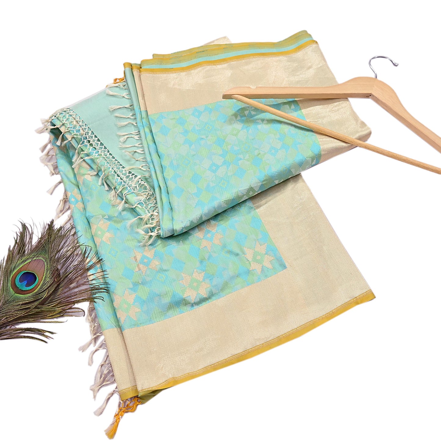 Indian Vintage Heavy Golden & Green Saree 100% Pure Silk Hand Woven Kanjeevaram Sari 5yd Ethnic Zari Premium Wedding Saree Fringes
