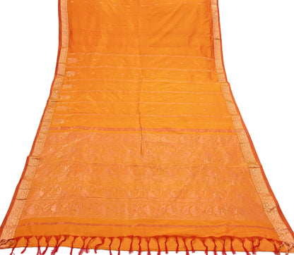 Indian Vintage Heavy Saffron Saree 100% Pure Silk Hand Woven Kanjeevaram Sari 6yd Ethnic Zari Premium Wedding Saree Fringes