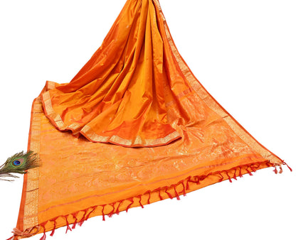 Indian Vintage Heavy Saffron Saree 100% Pure Silk Hand Woven Kanjeevaram Sari 6yd Ethnic Zari Premium Wedding Saree Fringes