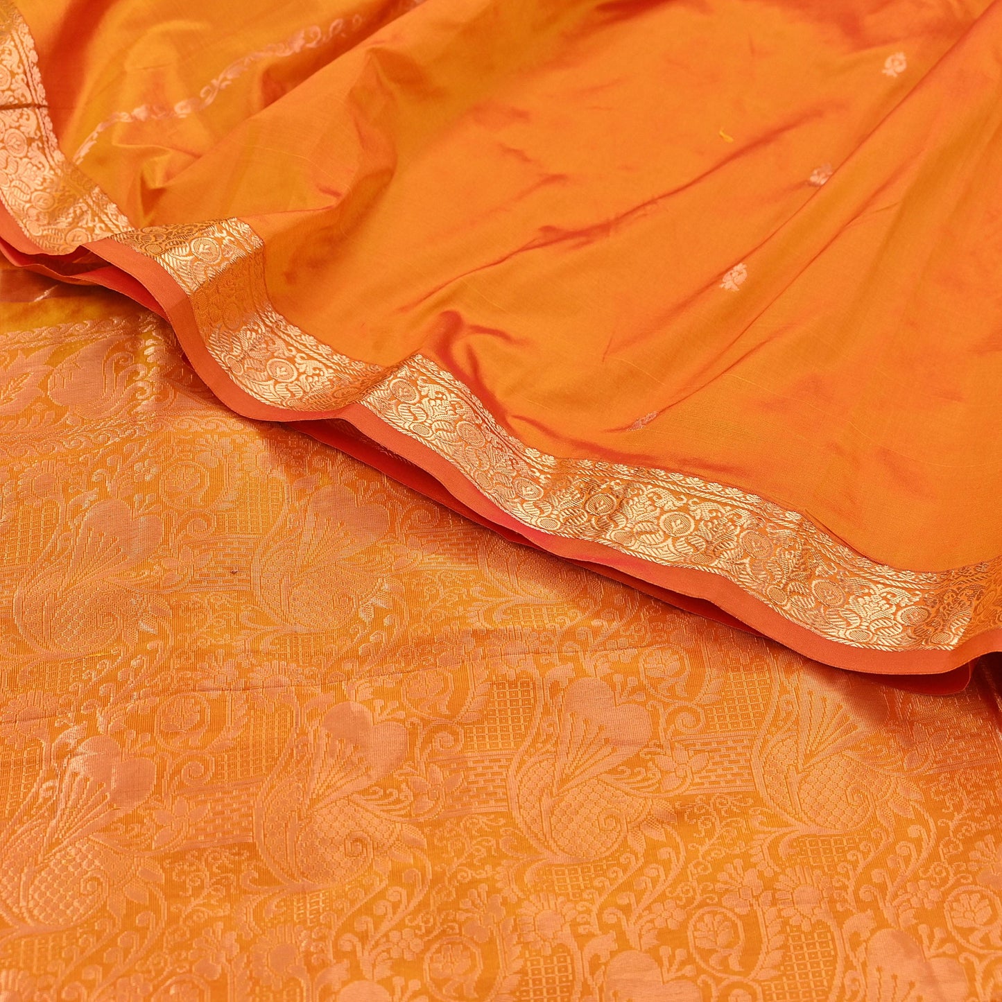 Indian Vintage Heavy Saffron Saree 100% Pure Silk Hand Woven Kanjeevaram Sari 6yd Ethnic Zari Premium Wedding Saree Fringes