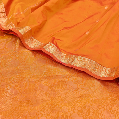 Indian Vintage Heavy Saffron Saree 100% Pure Silk Hand Woven Kanjeevaram Sari 6yd Ethnic Zari Premium Wedding Saree Fringes
