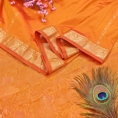 Indian Vintage Heavy Saffron Saree 100% Pure Silk Hand Woven Kanjeevaram Sari 6yd Ethnic Zari Premium Wedding Saree Fringes