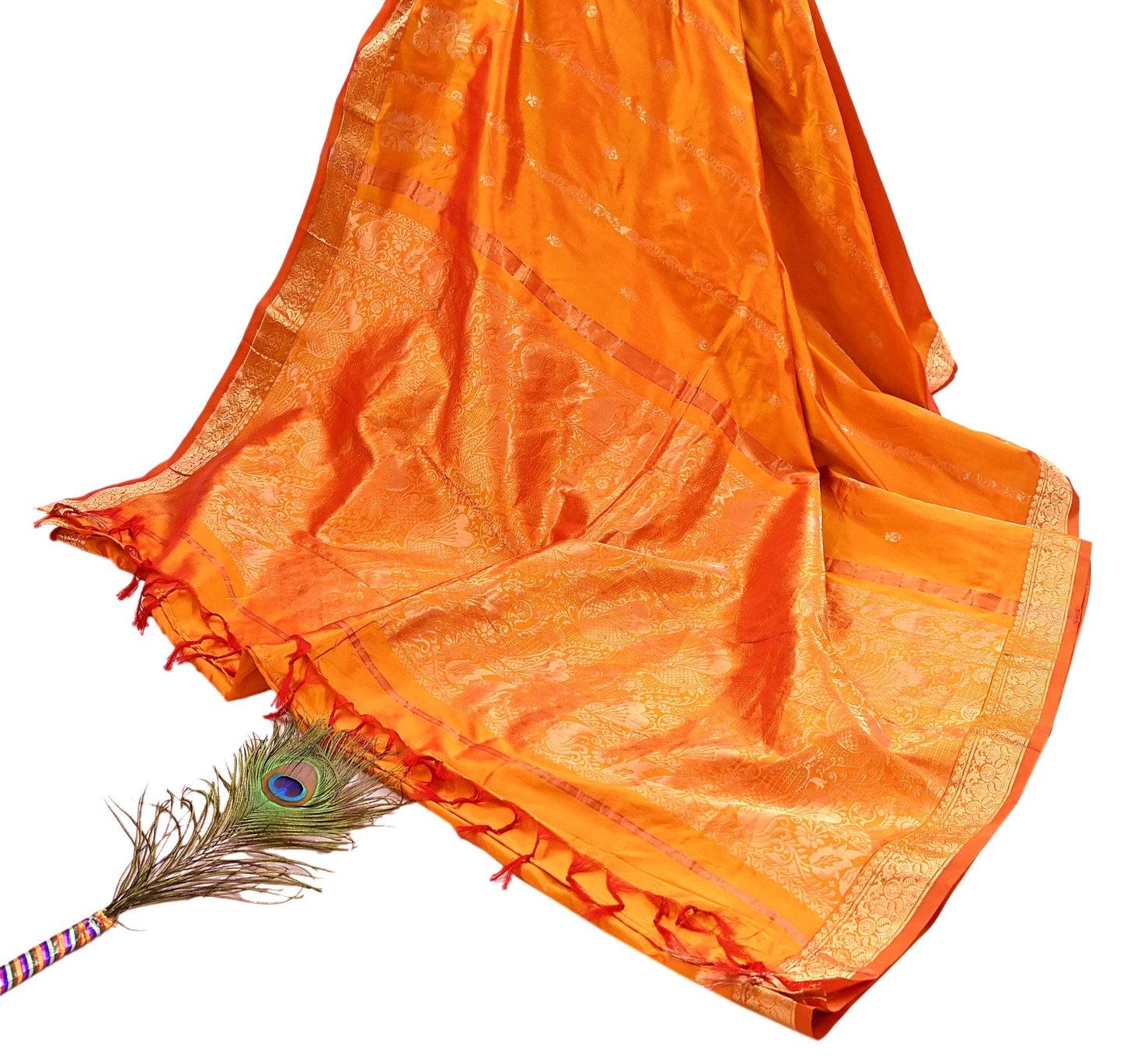 Indian Vintage Heavy Saffron Saree 100% Pure Silk Hand Woven Kanjeevaram Sari 6yd Ethnic Zari Premium Wedding Saree Fringes