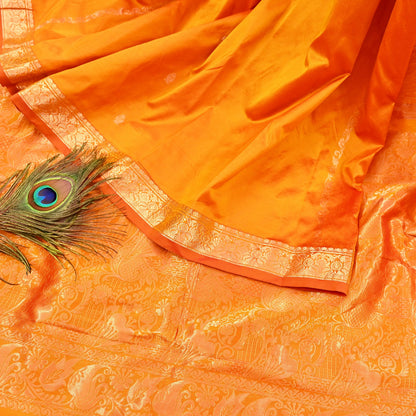 Indian Vintage Heavy Saffron Saree 100% Pure Silk Hand Woven Kanjeevaram Sari 6yd Ethnic Zari Premium Wedding Saree Fringes