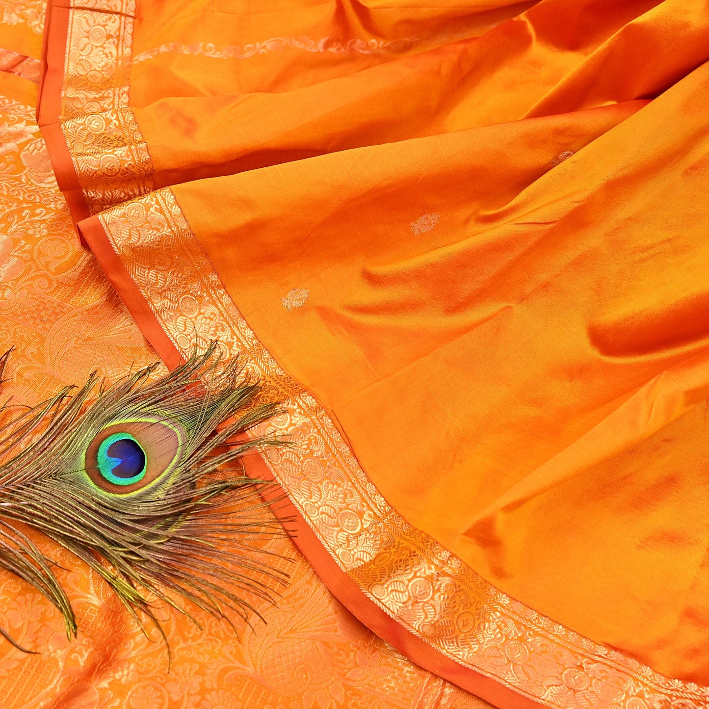 Indian Vintage Heavy Saffron Saree 100% Pure Silk Hand Woven Kanjeevaram Sari 6yd Ethnic Zari Premium Wedding Saree Fringes