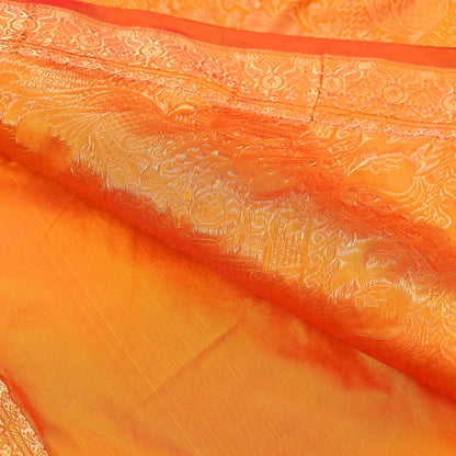 Indian Vintage Heavy Saffron Saree 100% Pure Silk Hand Woven Kanjeevaram Sari 6yd Ethnic Zari Premium Wedding Saree Fringes