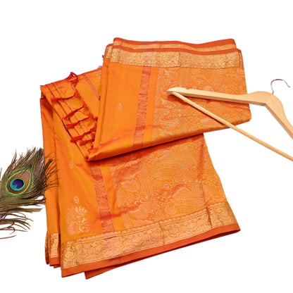Indian Vintage Heavy Saffron Saree 100% Pure Silk Hand Woven Kanjeevaram Sari 6yd Ethnic Zari Premium Wedding Saree Fringes