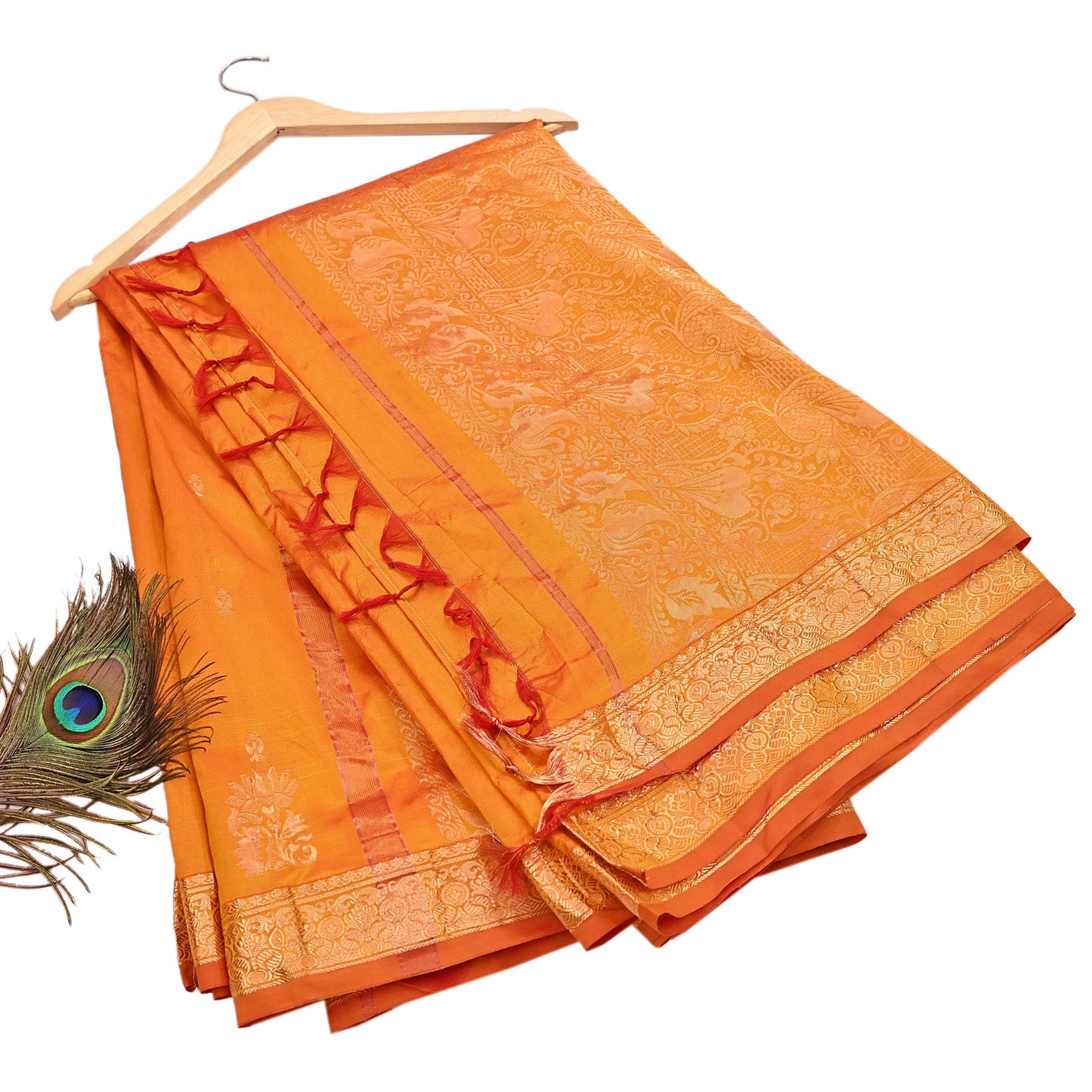 Indian Vintage Heavy Saffron Saree 100% Pure Silk Hand Woven Kanjeevaram Sari 6yd Ethnic Zari Premium Wedding Saree Fringes
