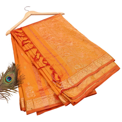 Indian Vintage Heavy Saffron Saree 100% Pure Silk Hand Woven Kanjeevaram Sari 6yd Ethnic Zari Premium Wedding Saree Fringes