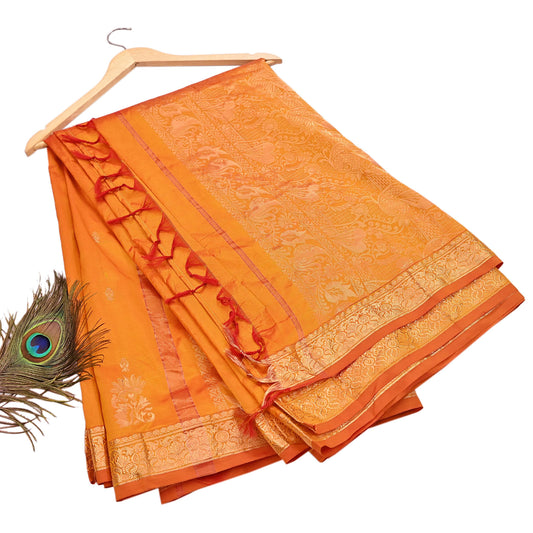 Indian Vintage Heavy Saffron Saree 100% Pure Silk Hand Woven Kanjeevaram Sari 6yd Ethnic Zari Premium Wedding Saree Fringes