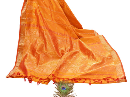 Indian Vintage Heavy Saffron Saree 100% Pure Silk Hand Woven Kanjeevaram Sari 6yd Ethnic Zari Premium Wedding Saree Fringes