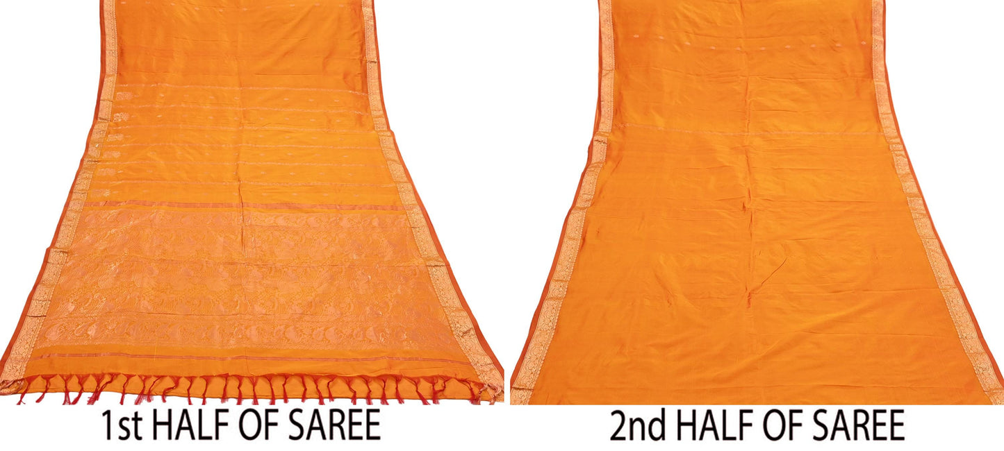 Indian Vintage Heavy Saffron Saree 100% Pure Silk Hand Woven Kanjeevaram Sari 6yd Ethnic Zari Premium Wedding Saree Fringes