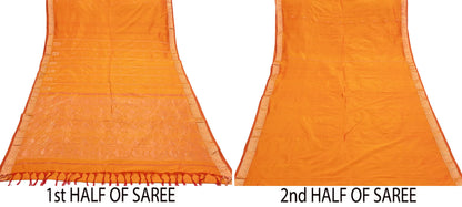 Indian Vintage Heavy Saffron Saree 100% Pure Silk Hand Woven Kanjeevaram Sari 6yd Ethnic Zari Premium Wedding Saree Fringes