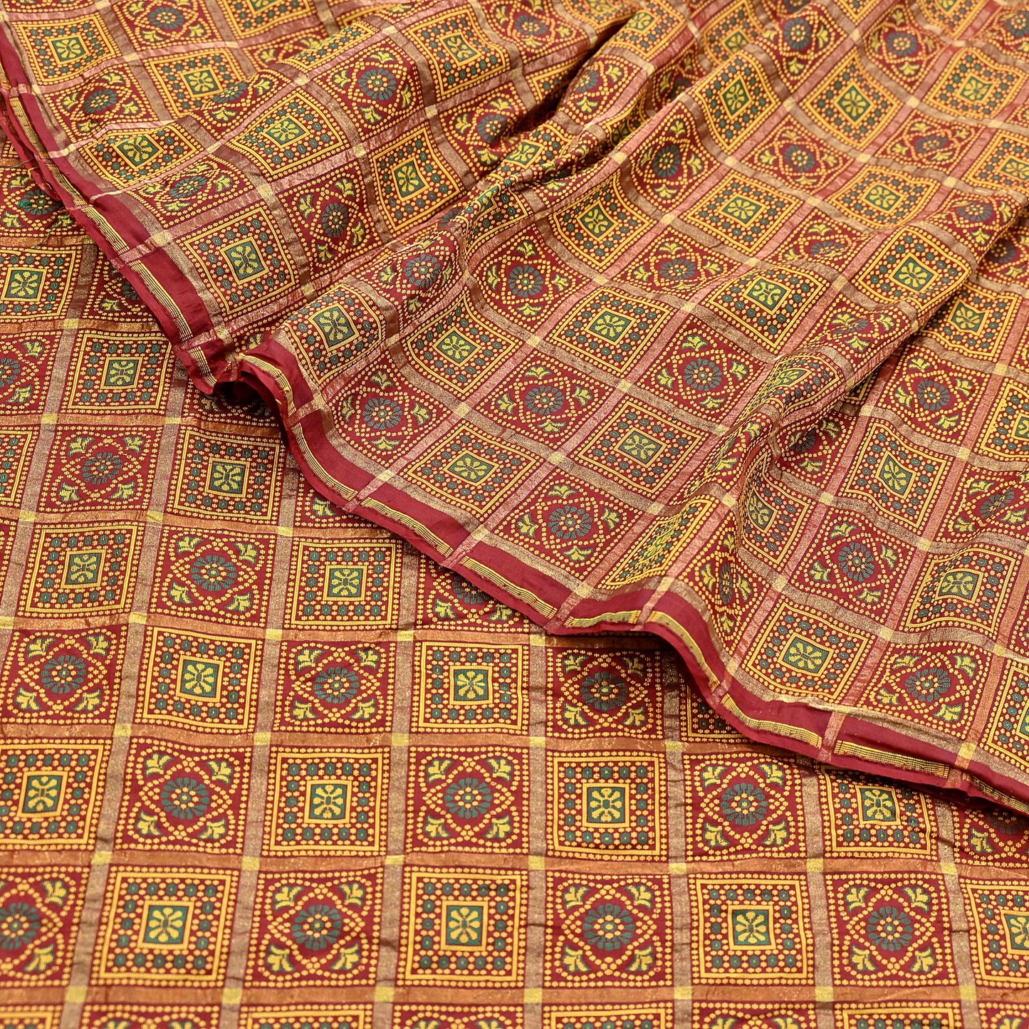 Indian Vintage Sari Maroon Heavy Wedding Pure Silk Hand Woven Gharchola Bandhani Sarees Zari 5Yd Craft Fabric Dress Making Crafting