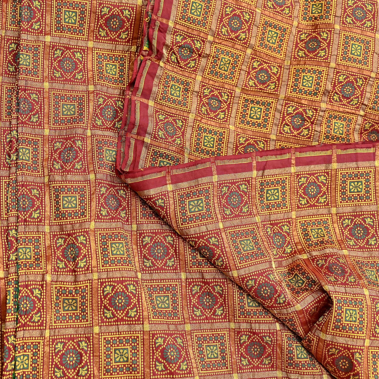 Indian Vintage Sari Maroon Heavy Wedding Pure Silk Hand Woven Gharchola Bandhani Sarees Zari 5Yd Craft Fabric Dress Making Crafting