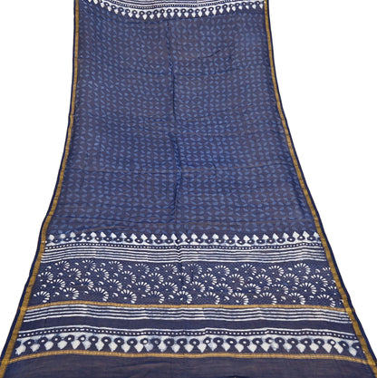 Indian Vintage Dupatta Blue Dupatta Long Stole Block Print Pure Chanderi Silk Scarves Veil Golden Zari