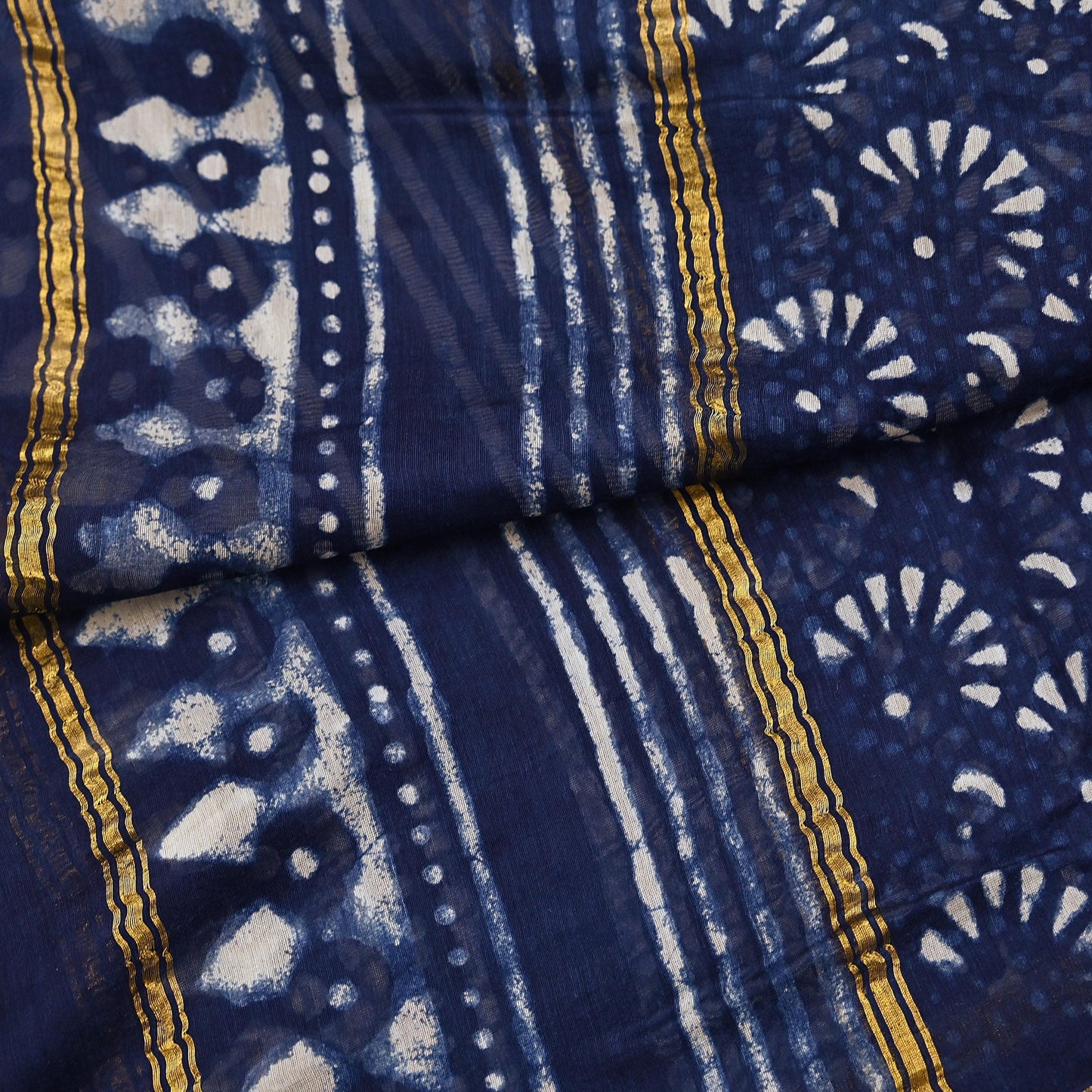 Indian Vintage Dupatta Blue Dupatta Long Stole Block Print Pure Chanderi Silk Scarves Veil Golden Zari