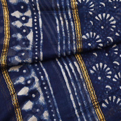 Indian Vintage Dupatta Blue Dupatta Long Stole Block Print Pure Chanderi Silk Scarves Veil Golden Zari