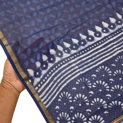 Indian Vintage Dupatta Blue Dupatta Long Stole Block Print Pure Chanderi Silk Scarves Veil Golden Zari