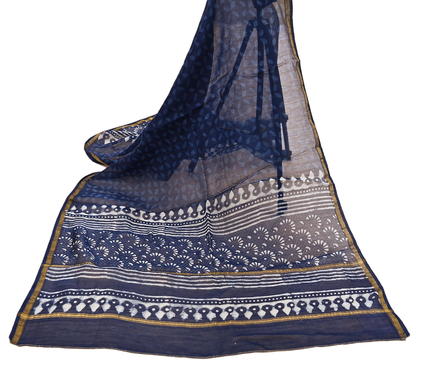 Indian Vintage Dupatta Blue Dupatta Long Stole Block Print Pure Chanderi Silk Scarves Veil Golden Zari