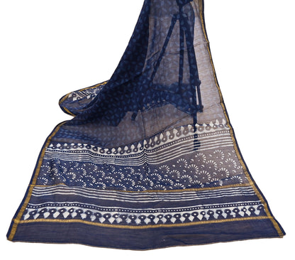 Indian Vintage Dupatta Blue Dupatta Long Stole Block Print Pure Chanderi Silk Scarves Veil Golden Zari