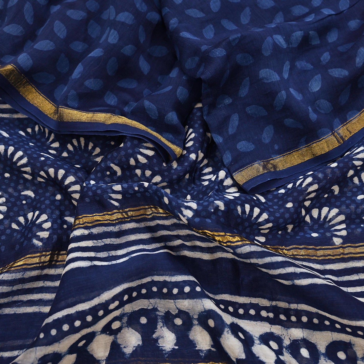 Indian Vintage Dupatta Blue Dupatta Long Stole Block Print Pure Chanderi Silk Scarves Veil Golden Zari