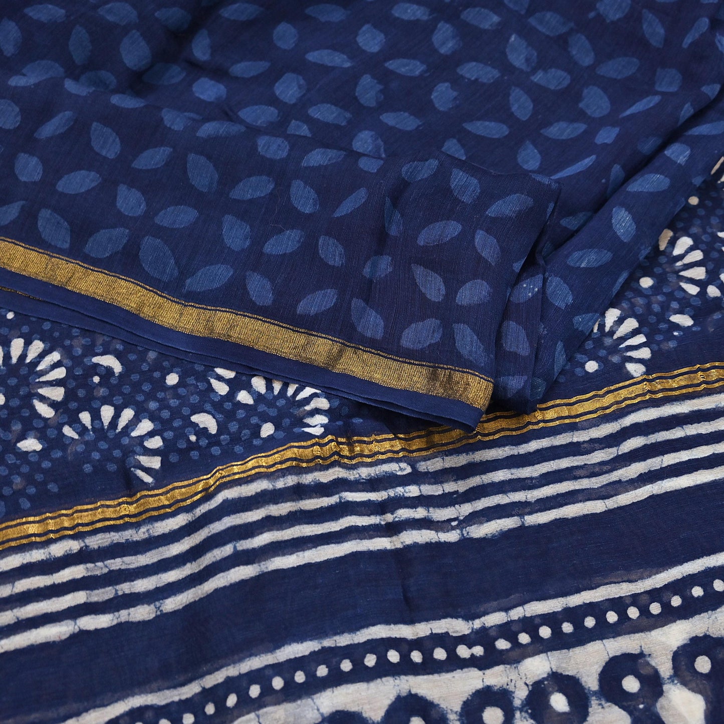 Indian Vintage Dupatta Blue Dupatta Long Stole Block Print Pure Chanderi Silk Scarves Veil Golden Zari