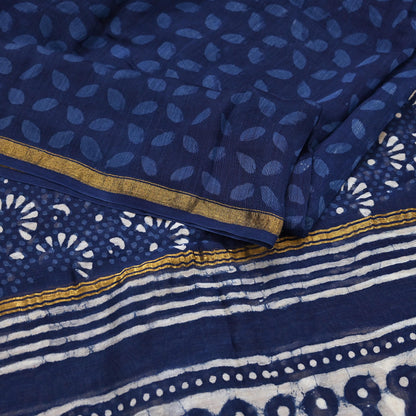 Indian Vintage Dupatta Blue Dupatta Long Stole Block Print Pure Chanderi Silk Scarves Veil Golden Zari
