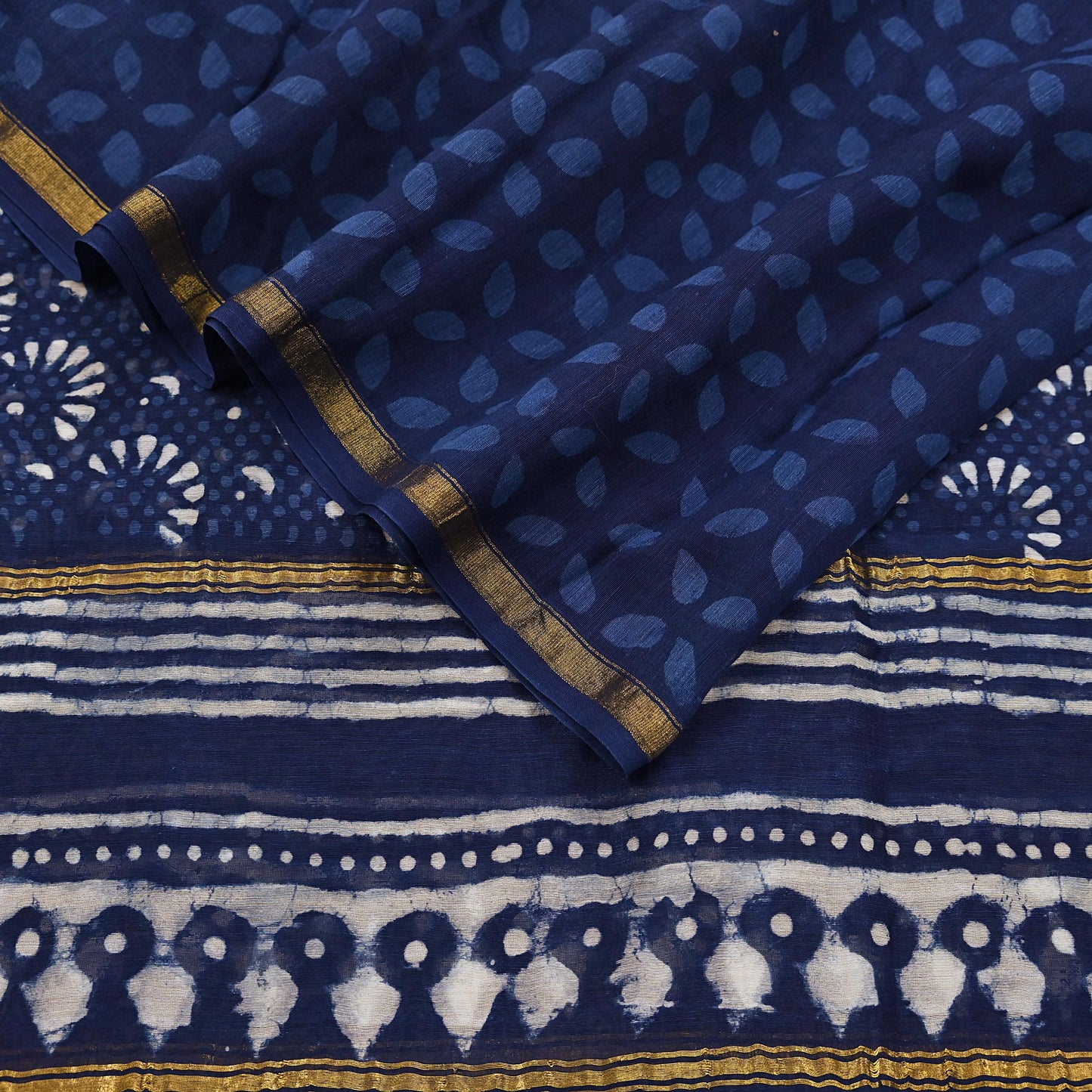 Indian Vintage Dupatta Blue Dupatta Long Stole Block Print Pure Chanderi Silk Scarves Veil Golden Zari