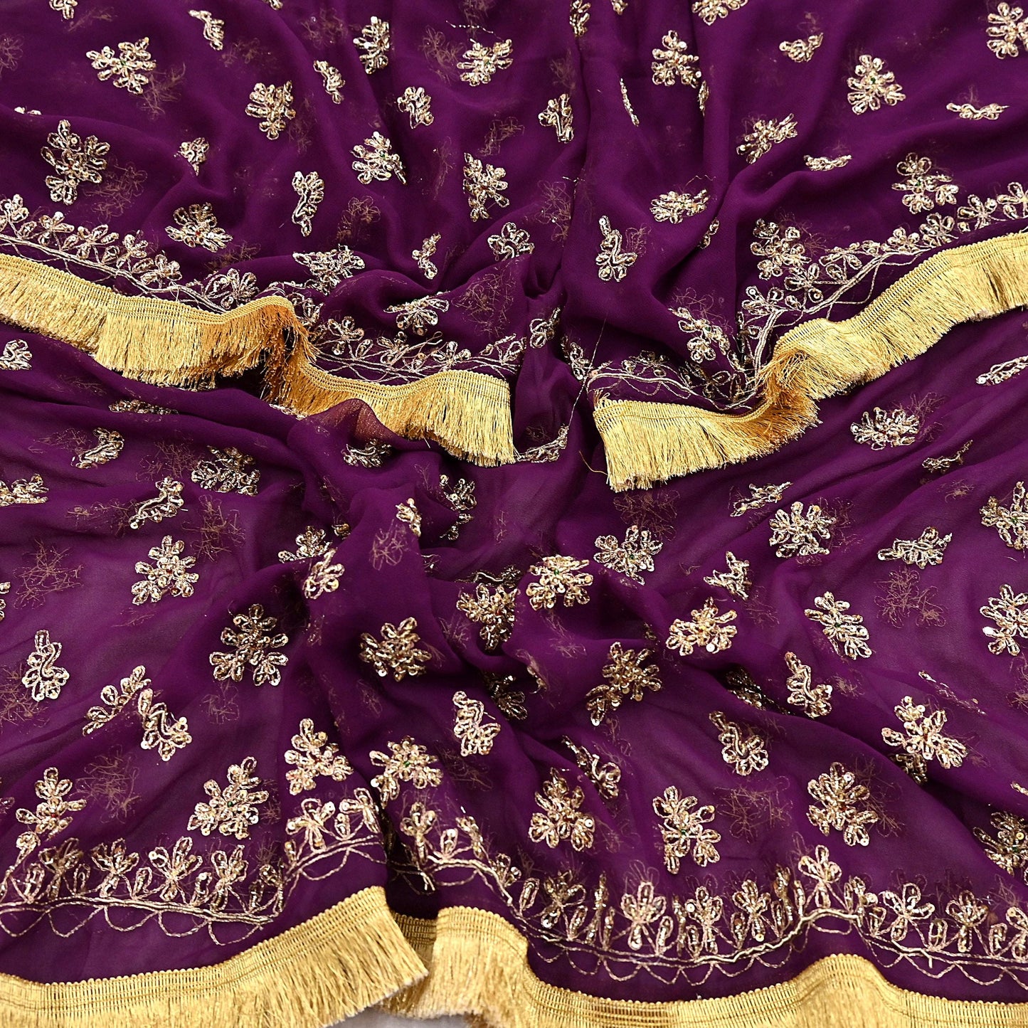 Indian Vintage Purple Dupatta Pure Georgette silk Long Stole Hand Embroidered Scarves Stole Veil Wrap Sequins Dabka/ Zardozi