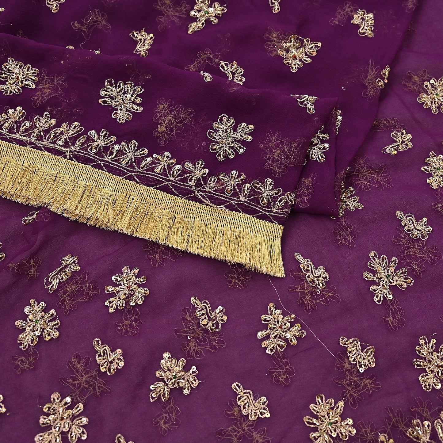 Indian Vintage Purple Dupatta Pure Georgette silk Long Stole Hand Embroidered Scarves Stole Veil Wrap Sequins Dabka/ Zardozi