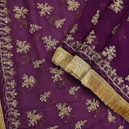 Indian Vintage Purple Dupatta Pure Georgette silk Long Stole Hand Embroidered Scarves Stole Veil Wrap Sequins Dabka/ Zardozi