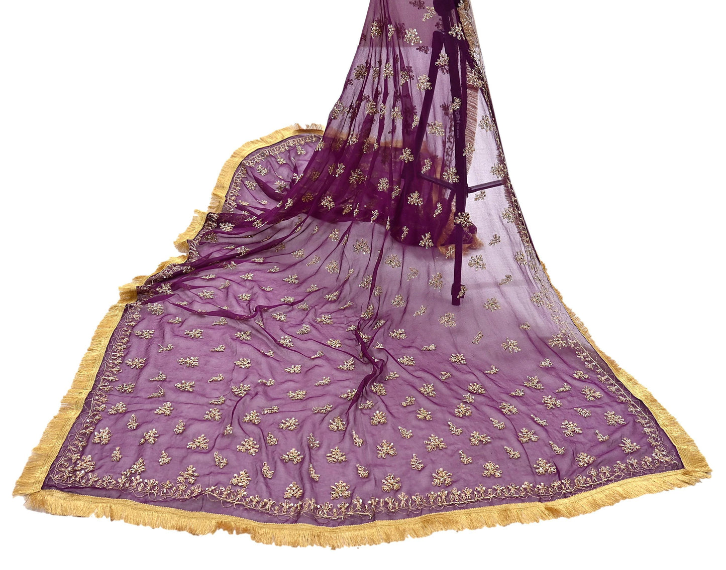 Indian Vintage Purple Dupatta Pure Georgette silk Long Stole Hand Embroidered Scarves Stole Veil Wrap Sequins Dabka/ Zardozi