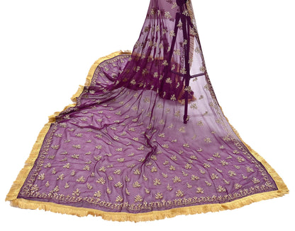 Indian Vintage Purple Dupatta Pure Georgette silk Long Stole Hand Embroidered Scarves Stole Veil Wrap Sequins Dabka/ Zardozi