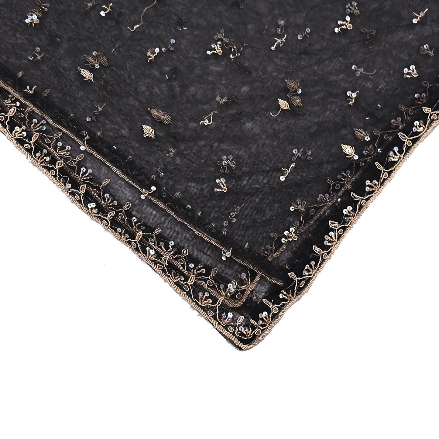Indian Vintage Black Dupatta Net Mesh Long Stole Hand Embroidered Scarves  Zardozi Zari Sequins Hijab Veil wrap Boho