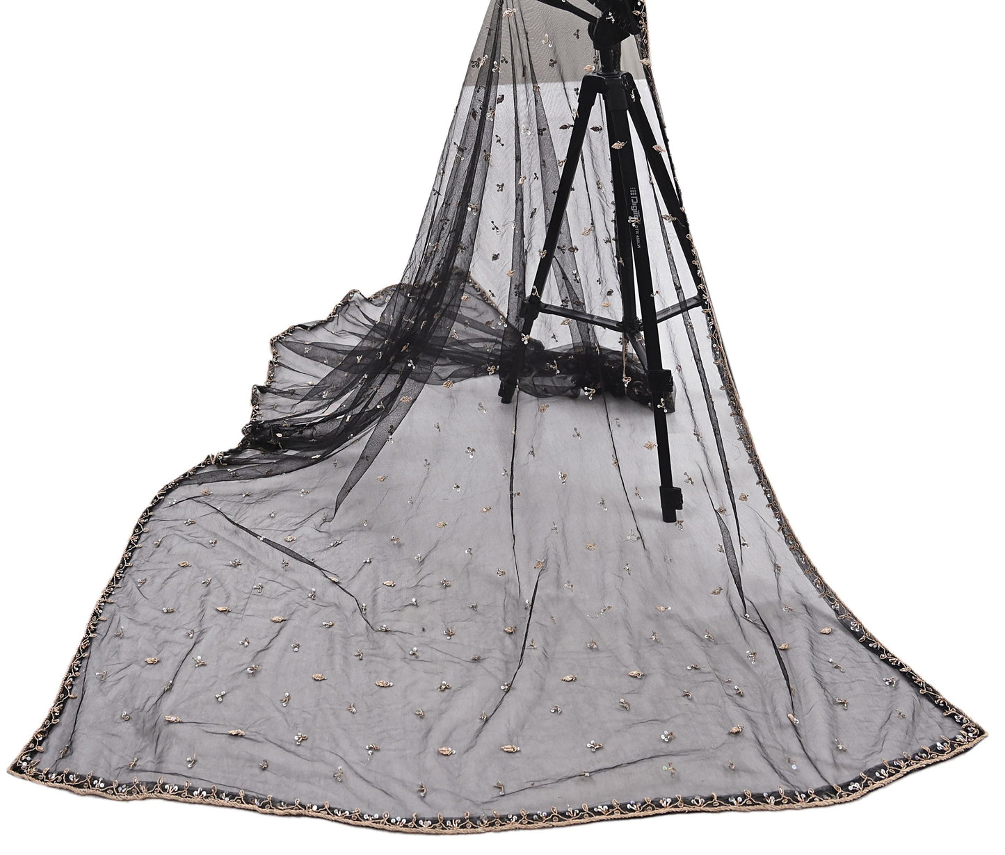 Indian Vintage Black Dupatta Net Mesh Long Stole Hand Embroidered Scarves  Zardozi Zari Sequins Hijab Veil wrap Boho