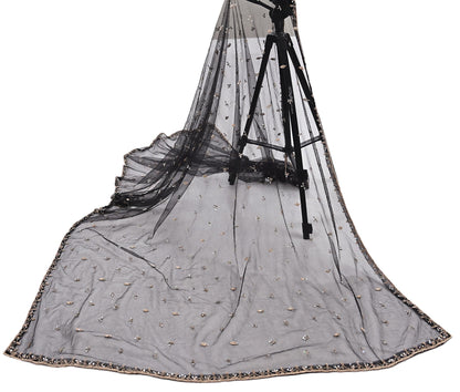 Indian Vintage Black Dupatta Net Mesh Long Stole Hand Embroidered Scarves  Zardozi Zari Sequins Hijab Veil wrap Boho