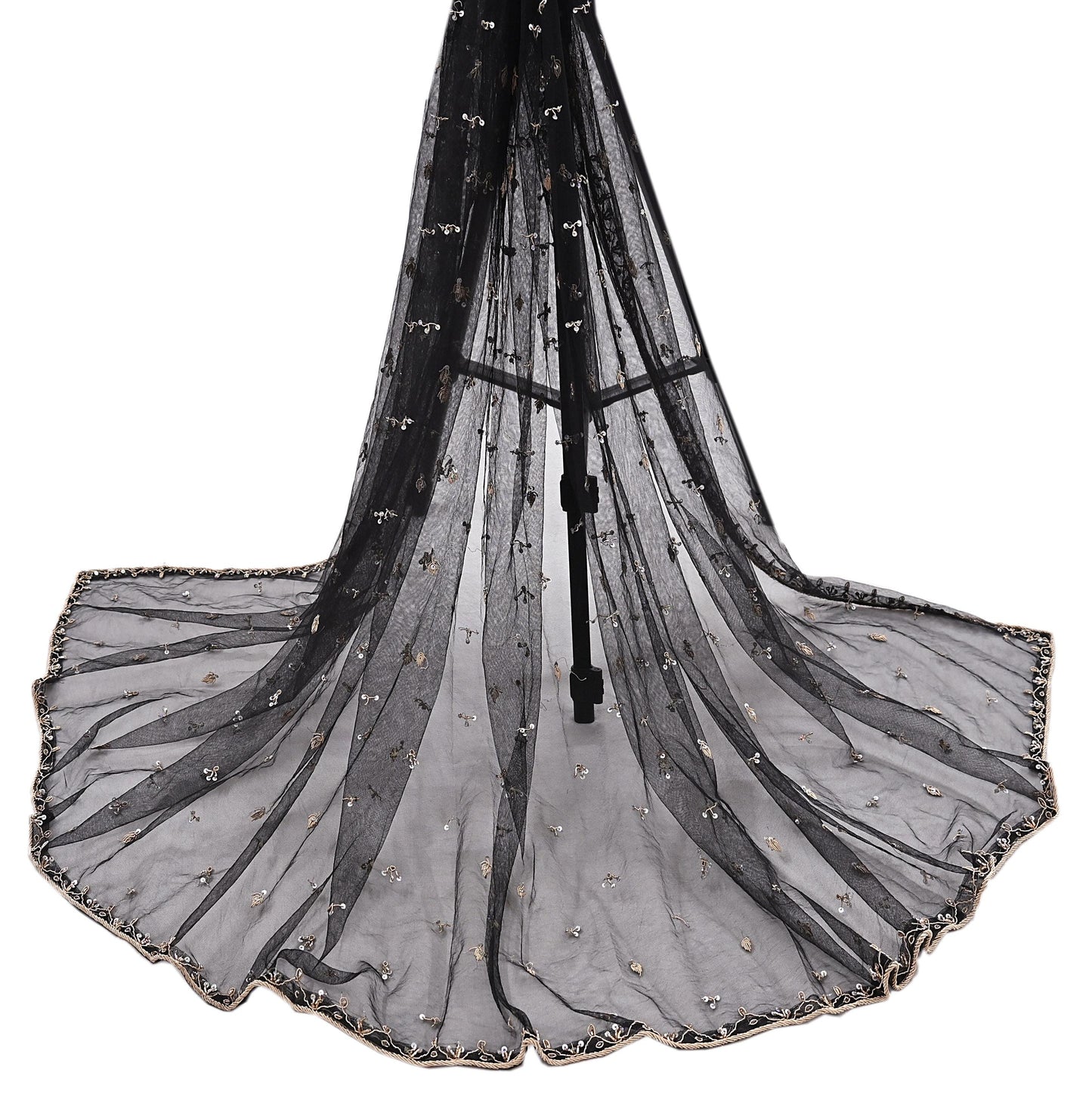 Indian Vintage Black Dupatta Net Mesh Long Stole Hand Embroidered Scarves  Zardozi Zari Sequins Hijab Veil wrap Boho