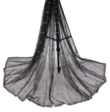 Indian Vintage Black Dupatta Net Mesh Long Stole Hand Embroidered Scarves  Zardozi Zari Sequins Hijab Veil wrap Boho
