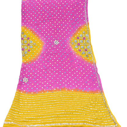 Indian Vintage Yellow & Pink Dupatta Pure Georgette silk Long Stole Hand Embroidered Scarves Stole Veil Wrap Sequins