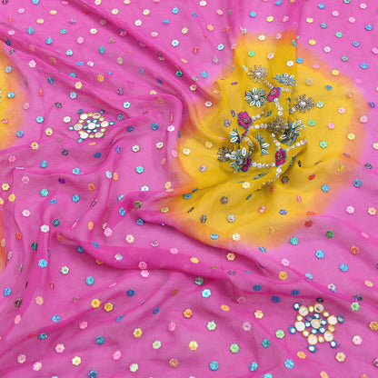 Indian Vintage Yellow & Pink Dupatta Pure Georgette silk Long Stole Hand Embroidered Scarves Stole Veil Wrap Sequins